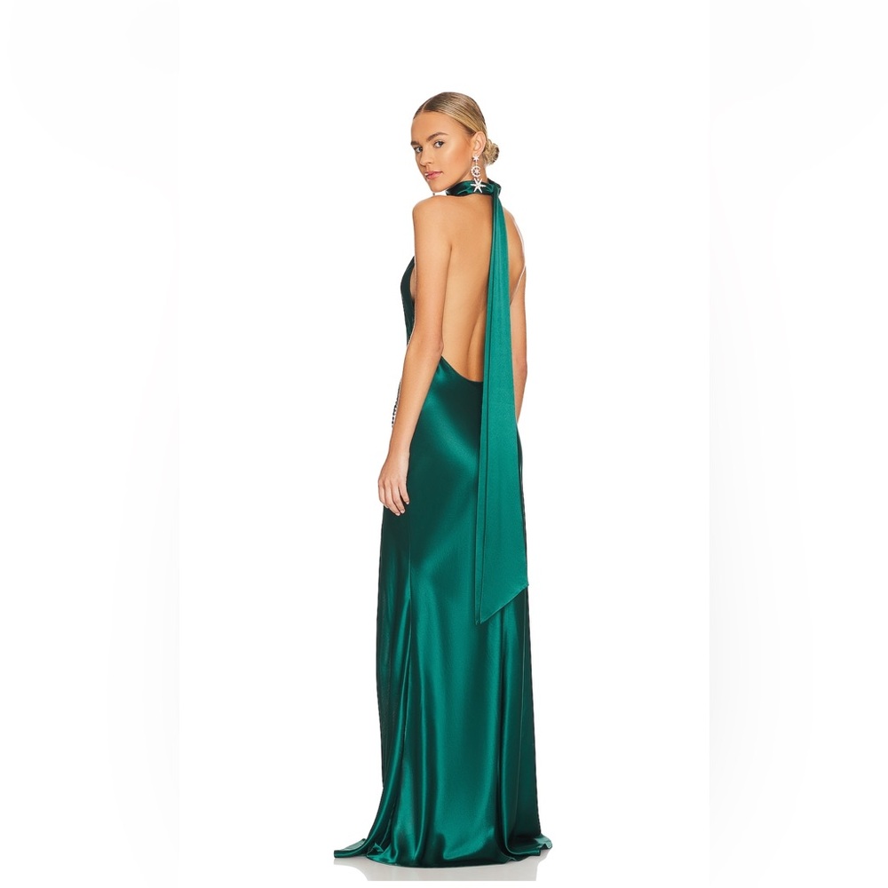 Green Backless Tie Front Halter Gown